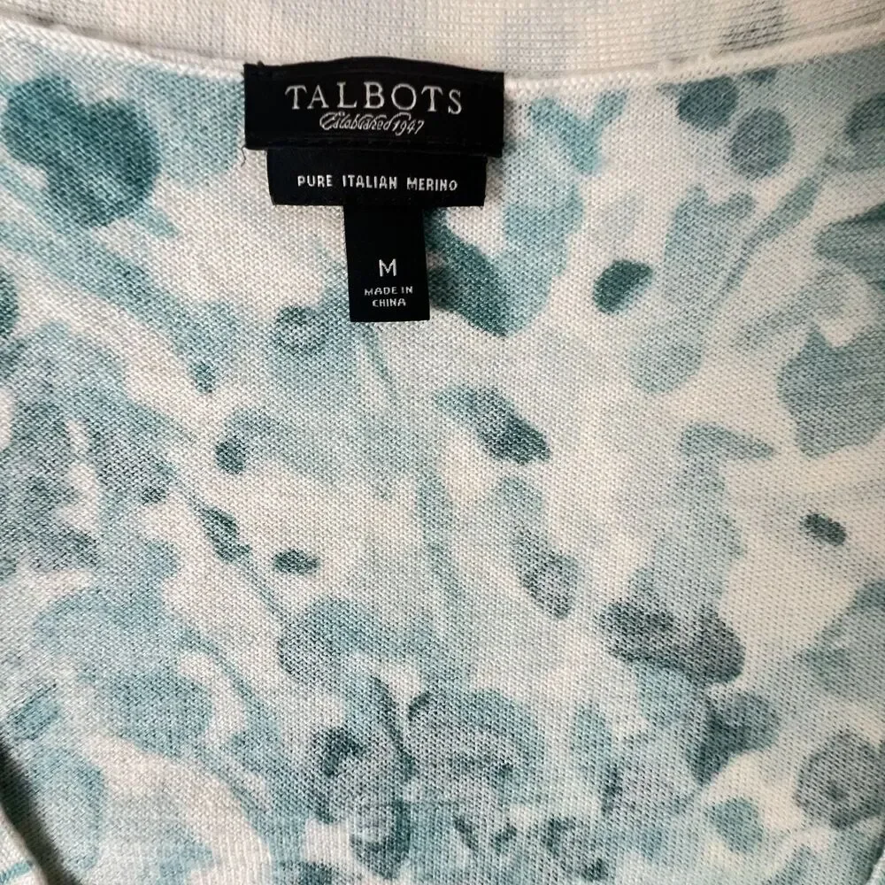 Talbots Cardigan Sweater M Teal Green Floral 100% Italian Merino Wool V-Neck